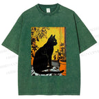 Unisex Sunset Silhouette Cat Printed Washed Tee