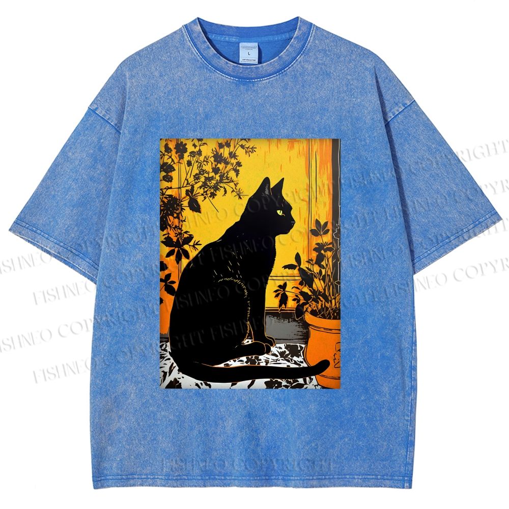 Unisex Sunset Silhouette Cat Printed Washed Tee