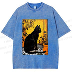Unisex Sunset Silhouette Cat Printed Washed Tee