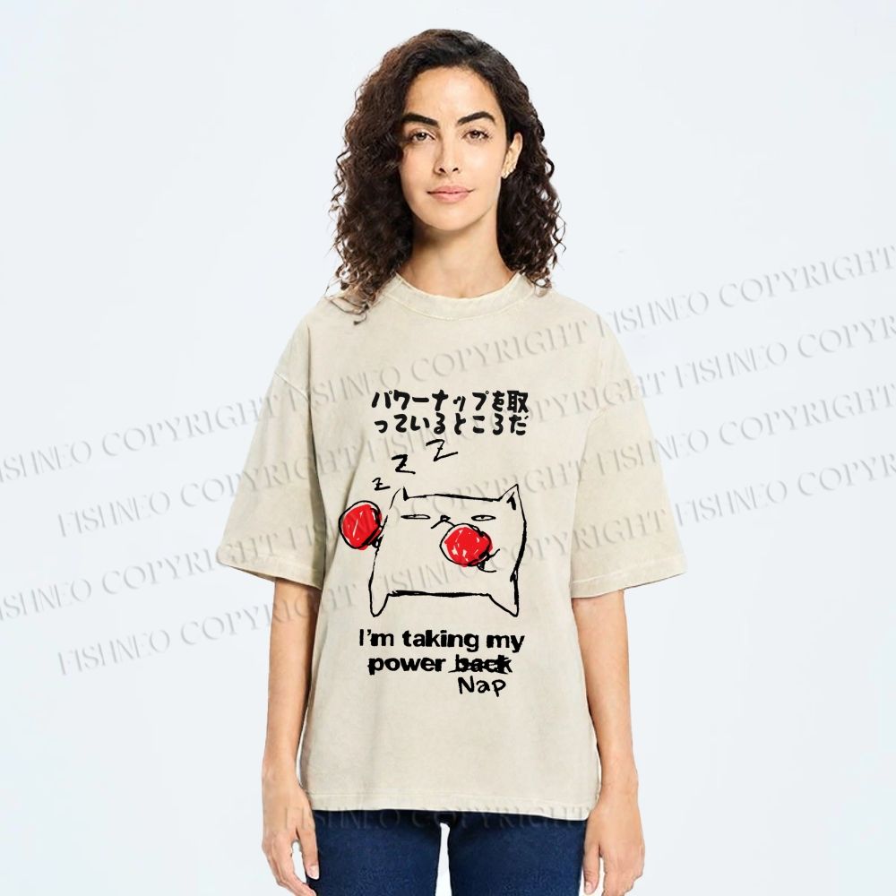 Unisex Cat Taking Power Nap Printed Washed Tee
