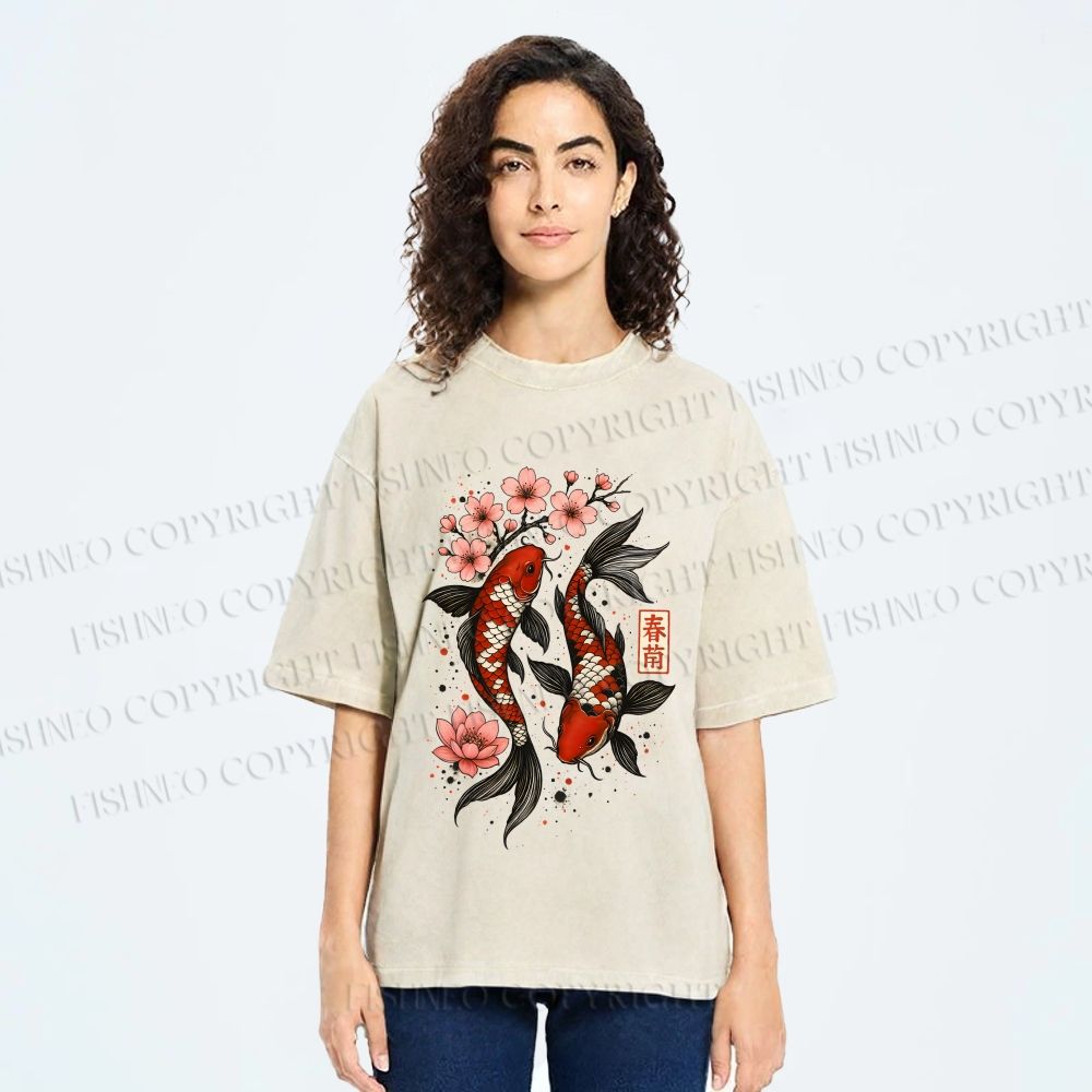 Unisex Cherry Blossom Twin Koi Printed Washed Tee