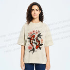 Unisex Cherry Blossom Twin Koi Printed Washed Tee