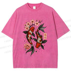 Unisex Cherry Blossom Twin Koi Printed Washed Tee