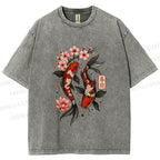Unisex Cherry Blossom Twin Koi Printed Washed Tee
