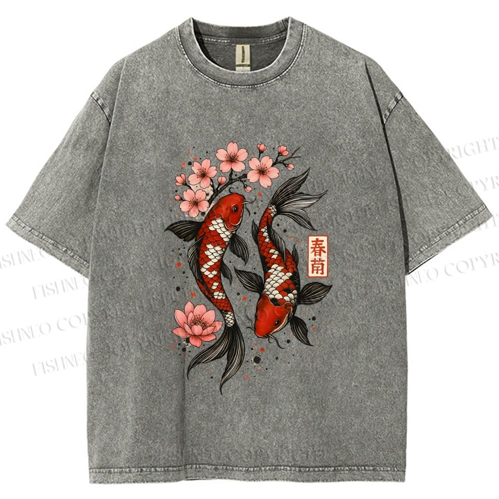 Unisex Cherry Blossom Twin Koi Printed Washed Tee