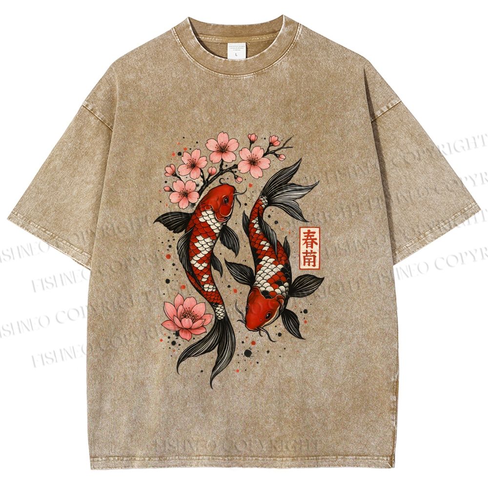 Unisex Cherry Blossom Twin Koi Printed Washed Tee