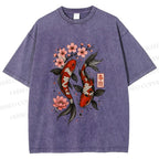 Unisex Cherry Blossom Twin Koi Printed Washed Tee