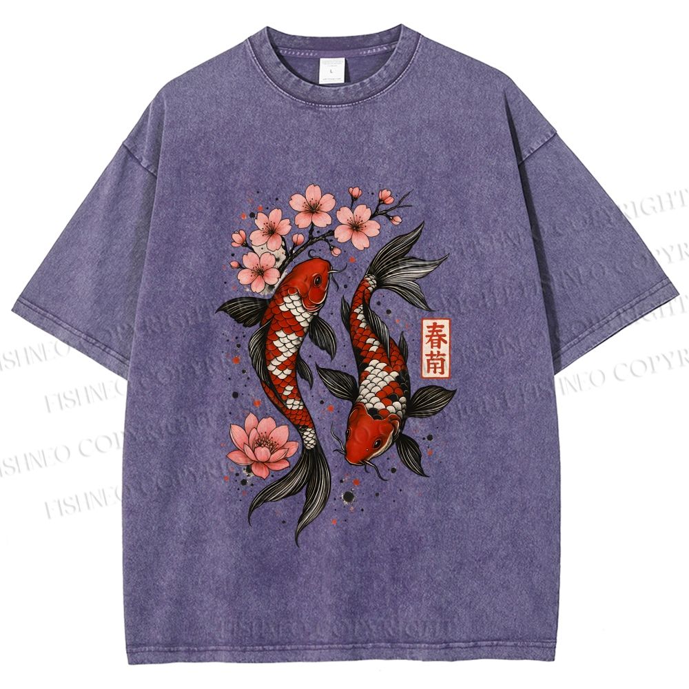 Unisex Cherry Blossom Twin Koi Printed Washed Tee