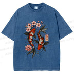 Unisex Cherry Blossom Twin Koi Printed Washed Tee