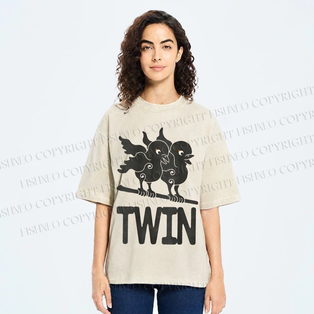 Unisex Bird Printed Washed Tee