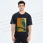 Unisex Sunset Perch Owl Printed Washed Tee