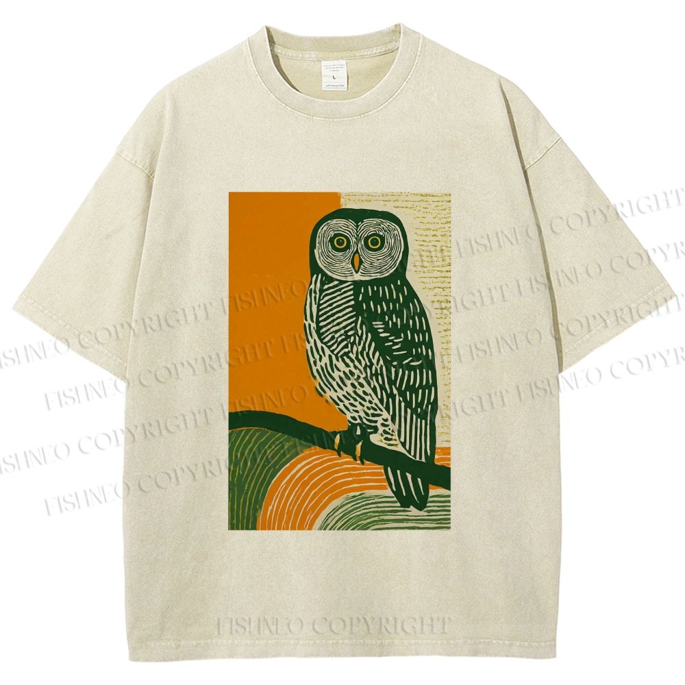 Unisex Sunset Perch Owl Printed Washed Tee