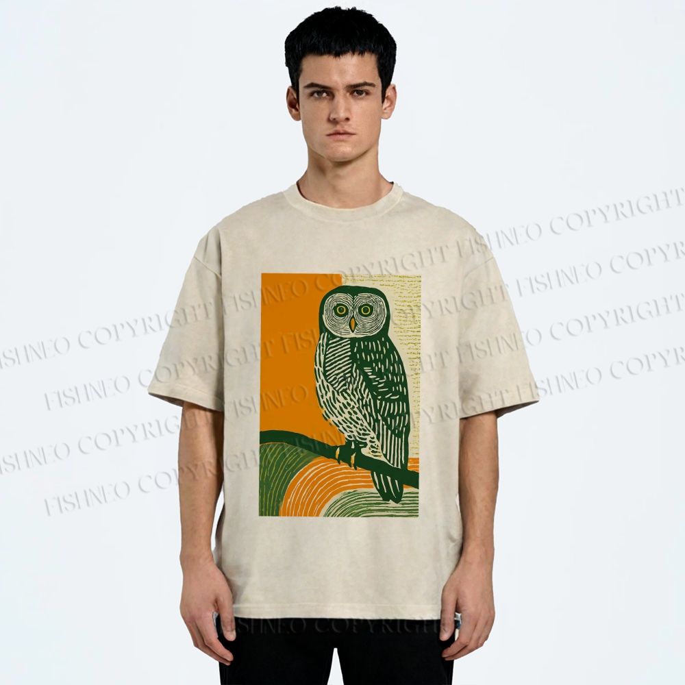 Unisex Sunset Perch Owl Printed Washed Tee