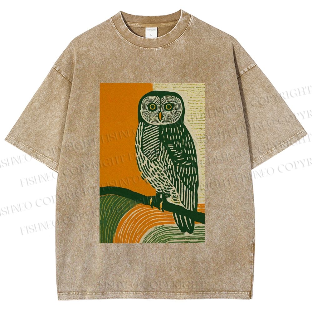 Unisex Sunset Perch Owl Printed Washed Tee