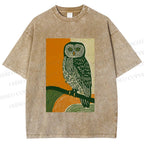 Unisex Sunset Perch Owl Printed Washed Tee