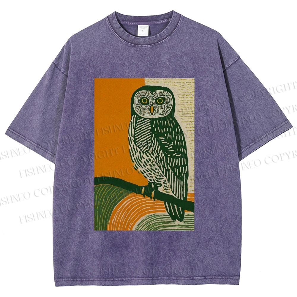 Unisex Sunset Perch Owl Printed Washed Tee