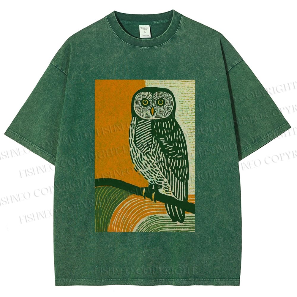 Unisex Sunset Perch Owl Printed Washed Tee