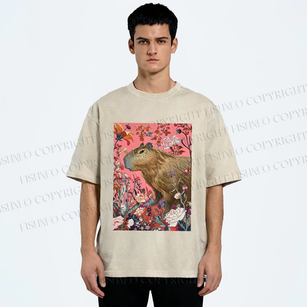 Unisex Floral Capybara Garden Printed Washed Tee