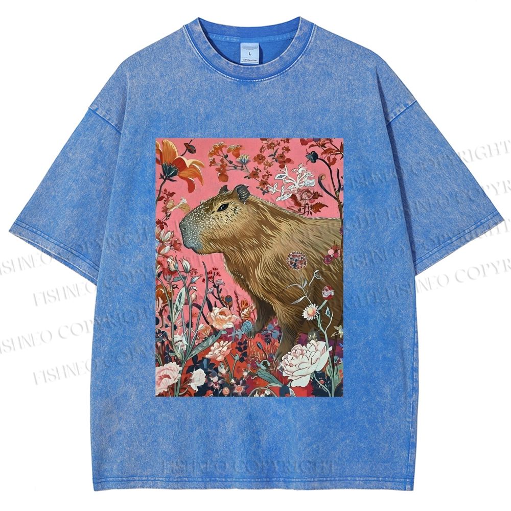 Unisex Floral Capybara Garden Printed Washed Tee