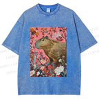 Unisex Floral Capybara Garden Printed Washed Tee