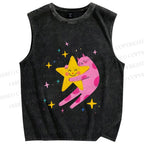 Unisex Pink Cat Holding Star Printed Washed Tank Top