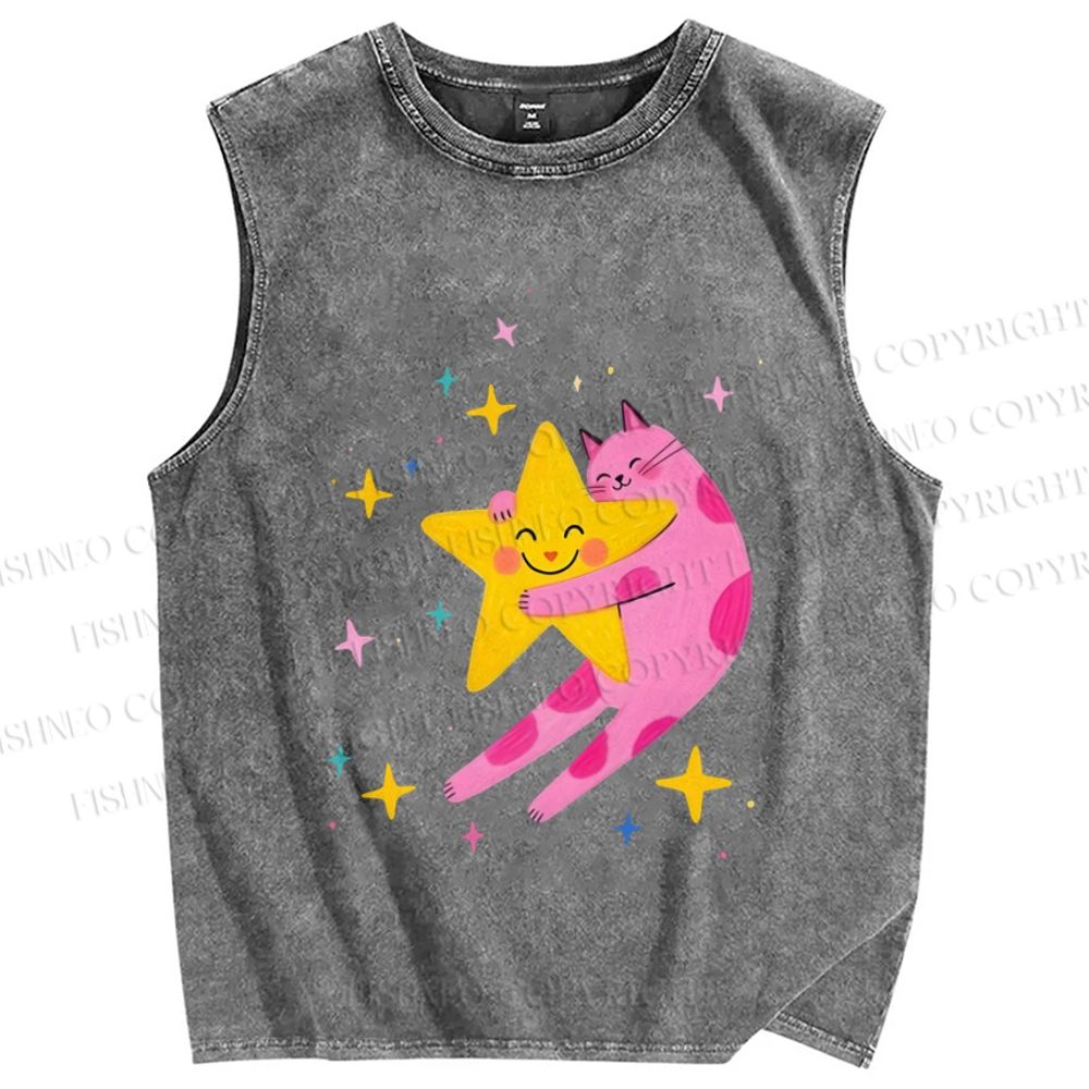 Unisex Pink Cat Holding Star Printed Washed Tank Top