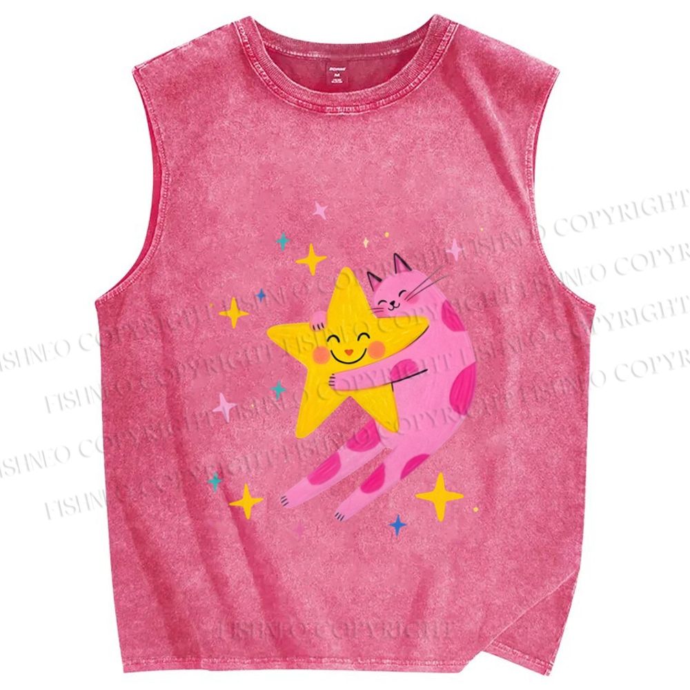 Unisex Pink Cat Holding Star Printed Washed Tank Top