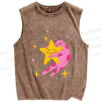 Unisex Pink Cat Holding Star Printed Washed Tank Top