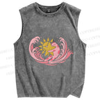 Unisex Pink Cat in Wave Printed Washed Tank Top