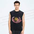Unisex Pink Cat in Wave Printed Washed Tank Top