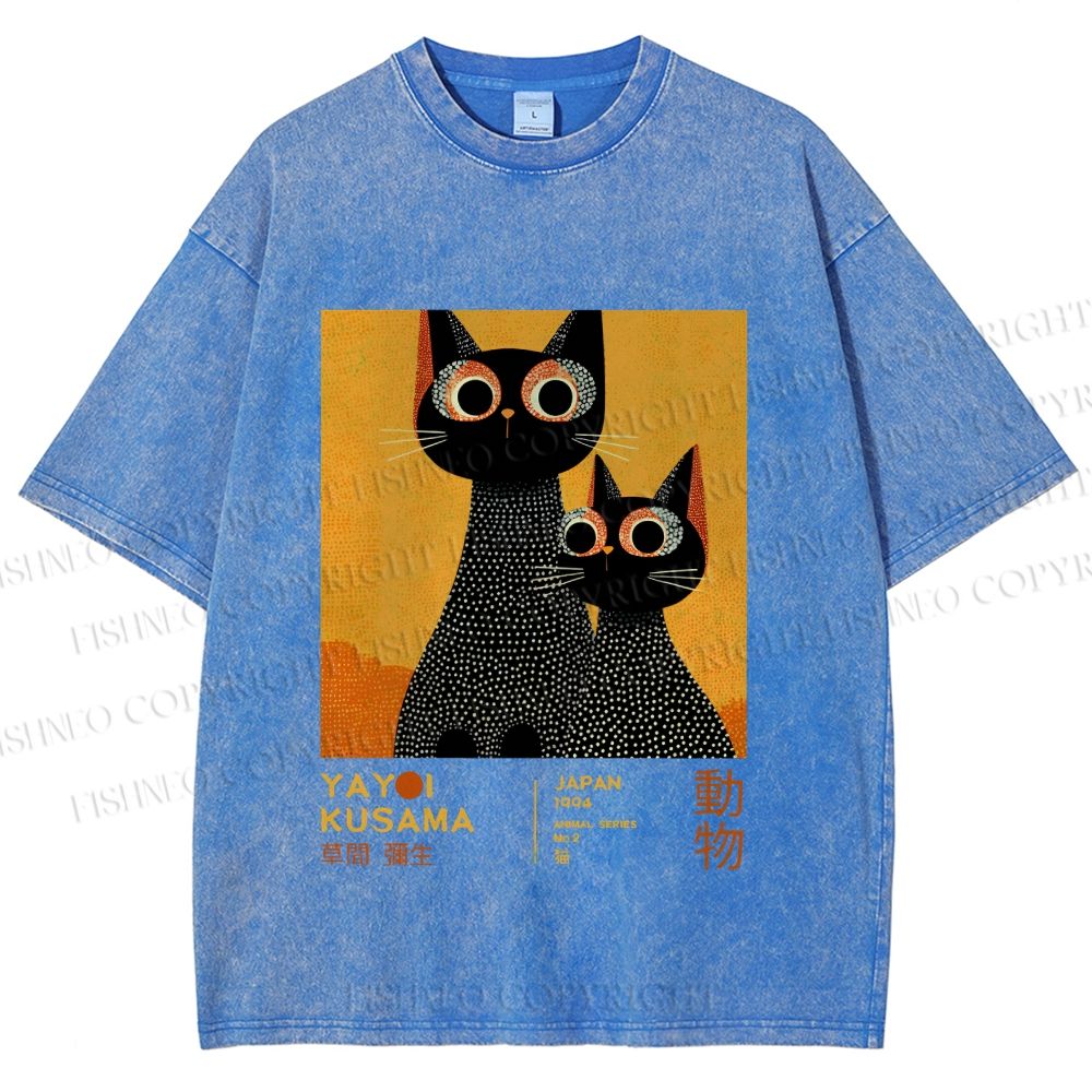 Unisex Yayoi Kusama Black Cats Printed Washed Tee
