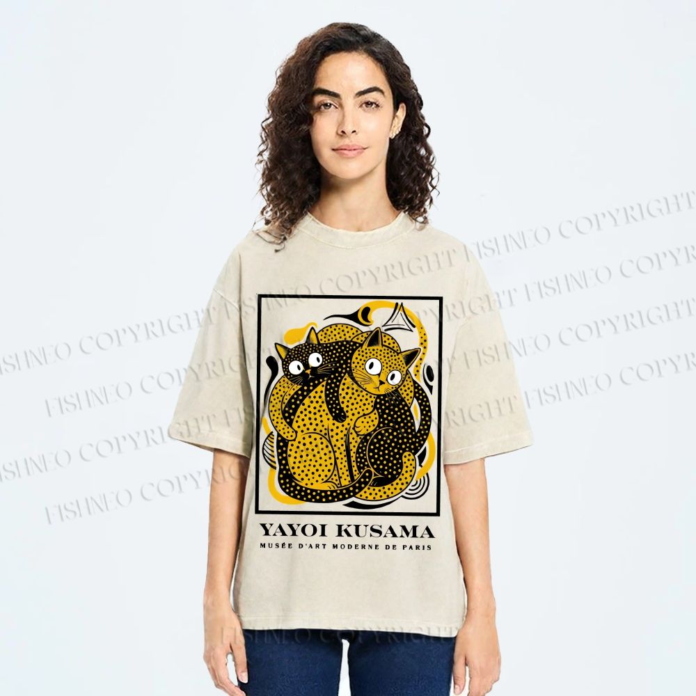 Unisex Yayoi Kusama Cats with Dots Printed Washed Tee