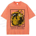 Unisex Yayoi Kusama Cats with Dots Printed Washed Tee