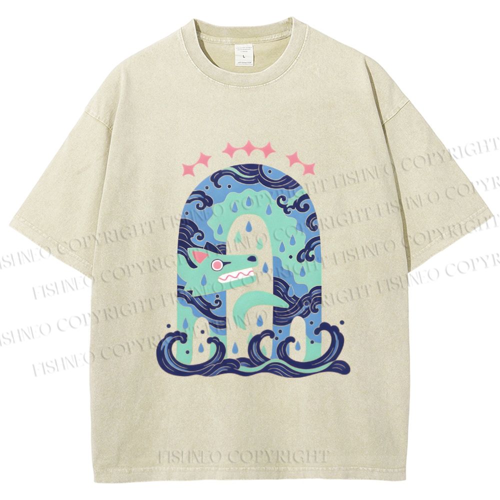 Unisex Wolf in Wave Printed Washed Tee