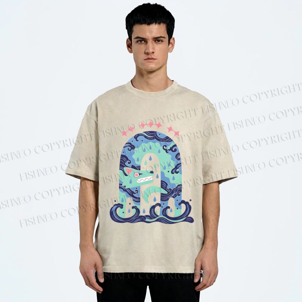 Unisex Wolf in Wave Printed Washed Tee