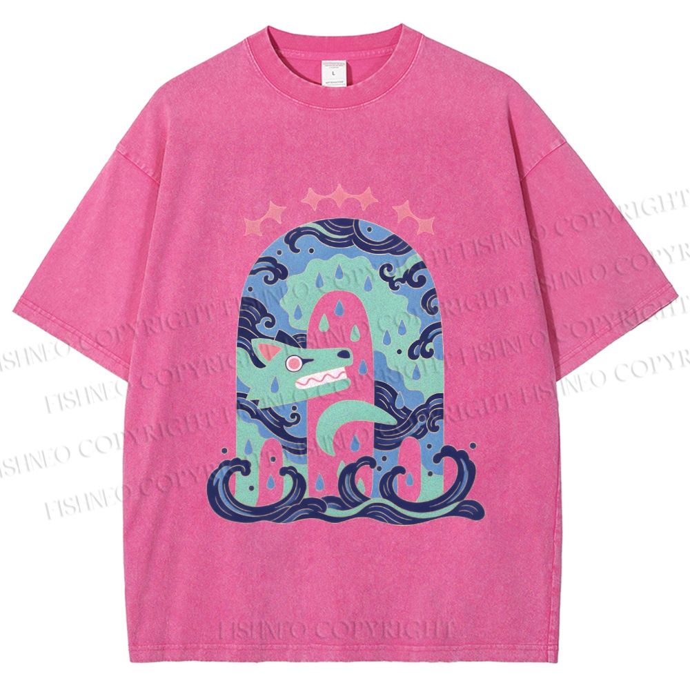 Unisex Wolf in Wave Printed Washed Tee