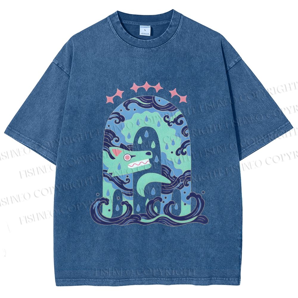 Unisex Wolf in Wave Printed Washed Tee