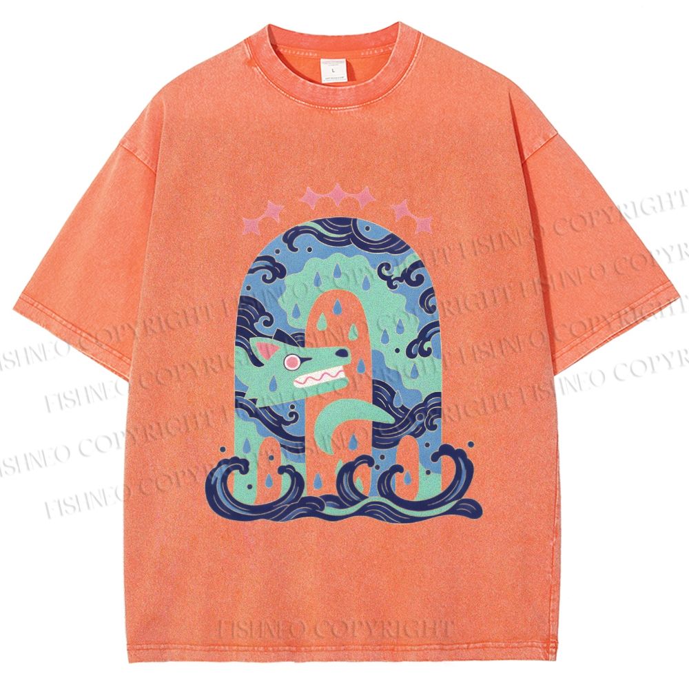 Unisex Wolf in Wave Printed Washed Tee
