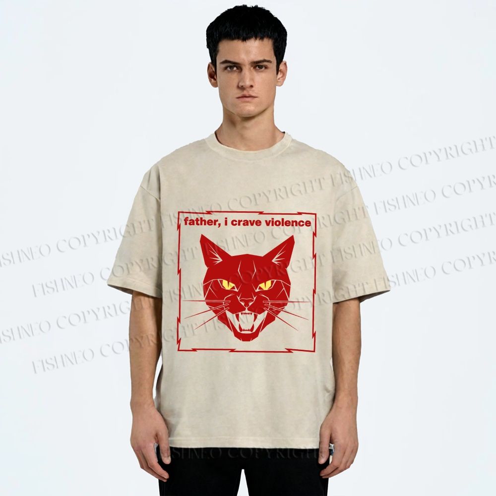 Unisex Father I Crave Violence Cat Printed Washed Tee