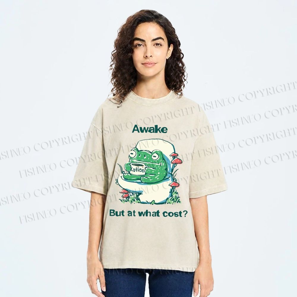 Unisex Awake But At What Cost Frog Printed Washed Tee