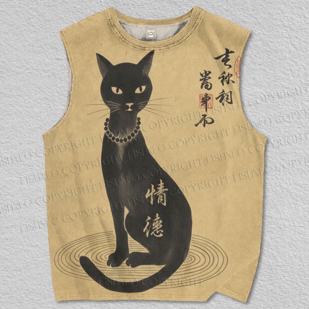Unisex Zen Ink Calligraphy Cat Printed Tank Top