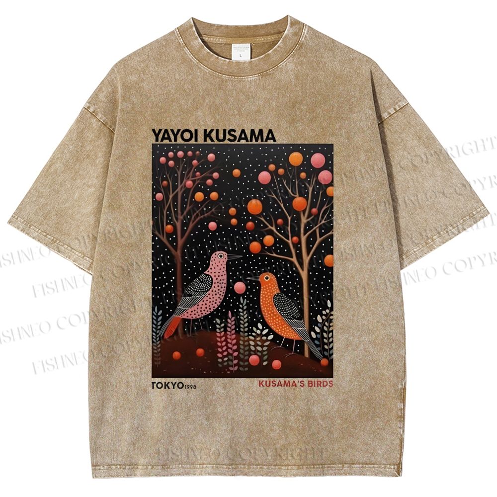 Unisex Yayoi Kusama Vintage Polka Dot Bird Printed Washed Tee