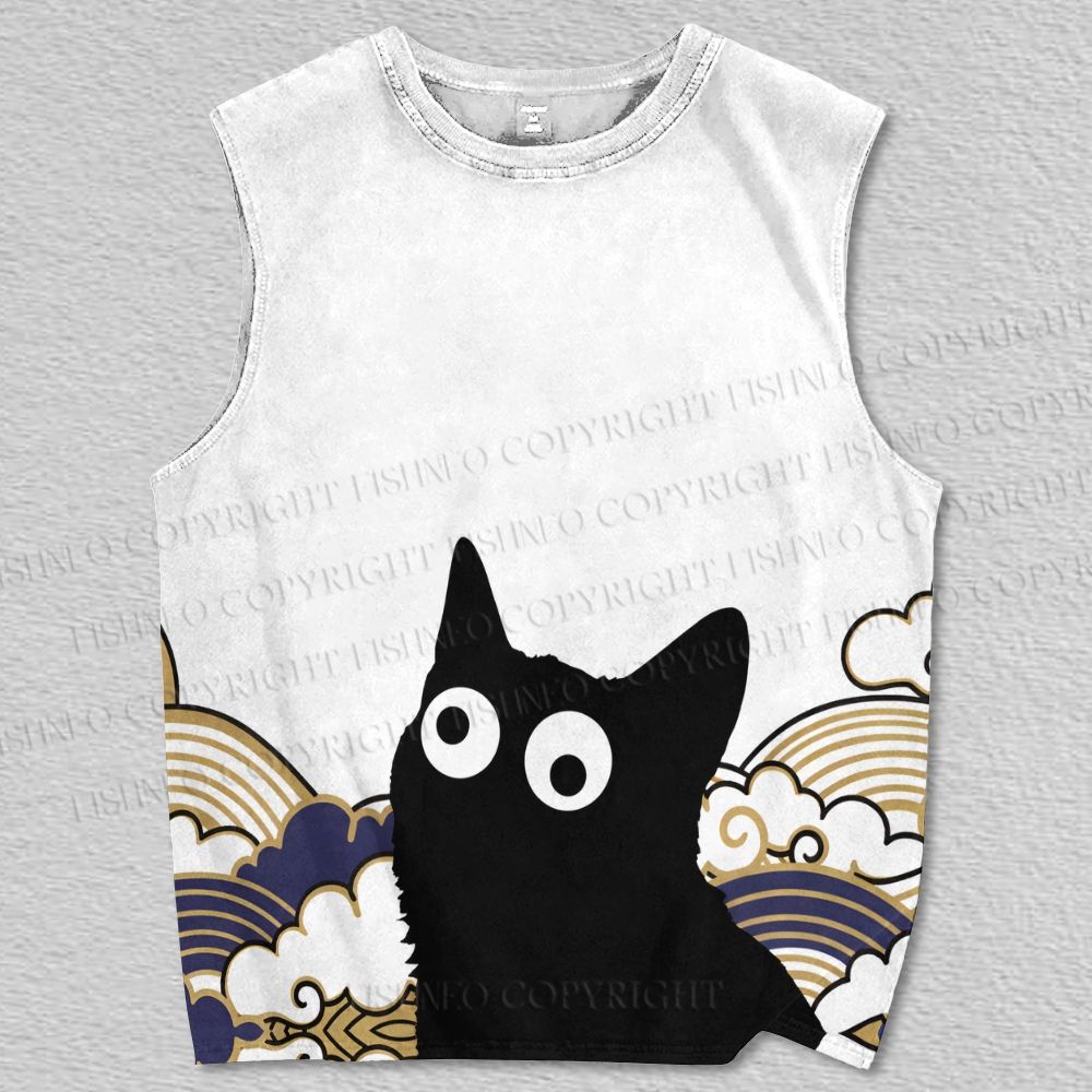 Unisex Japanese Ukiyo-e Wave Black Cat Printed Tank Top