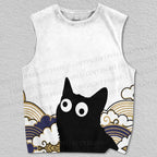 Unisex Japanese Ukiyo-e Wave Black Cat Printed Tank Top
