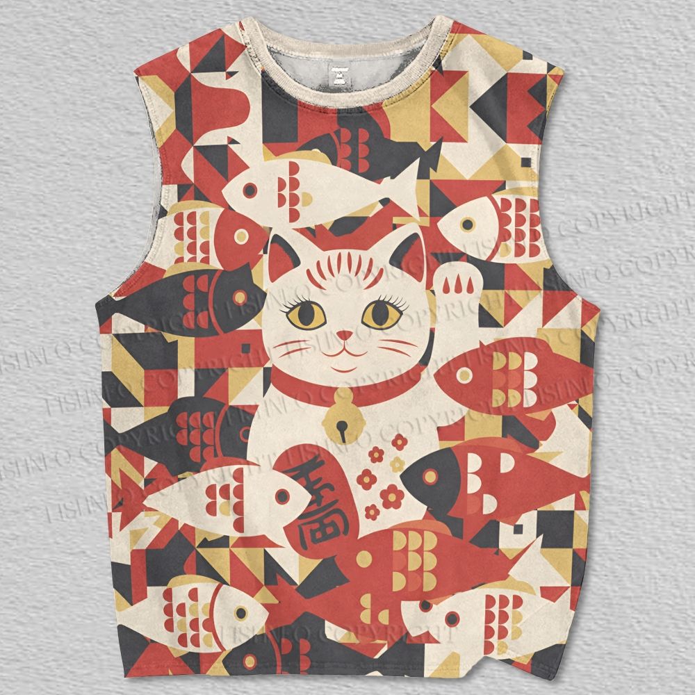 Unisex Japanese Fortune Cat Printed Tank Top