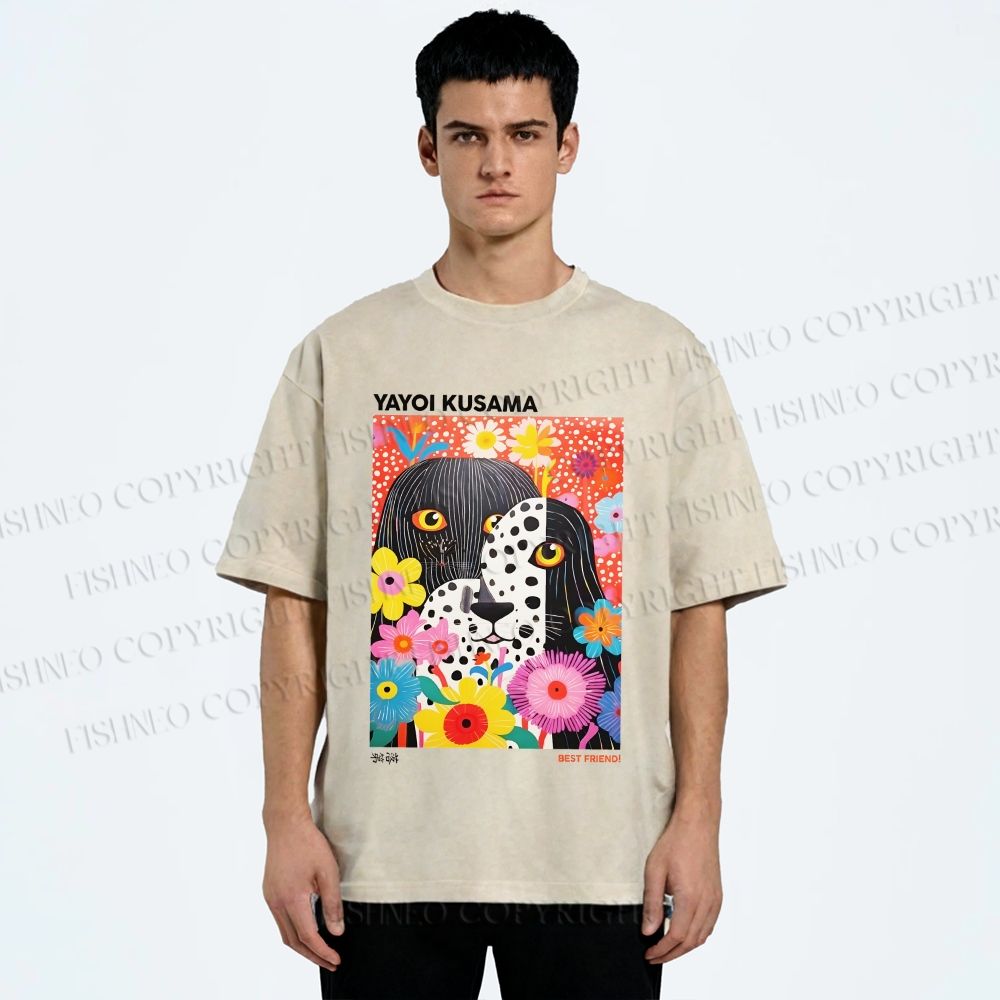 Unisex Yayoi Kusama Polka Dot Dog Printed Washed Tee