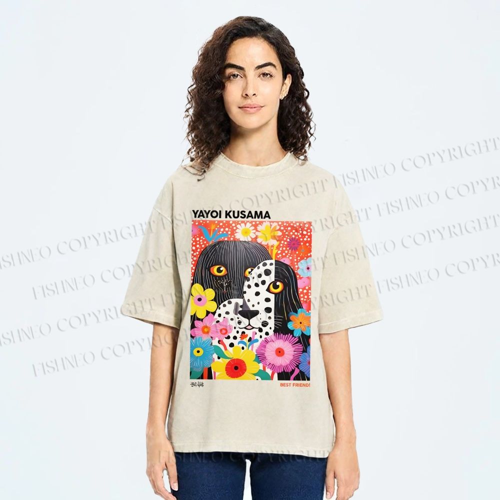 Unisex Yayoi Kusama Polka Dot Dog Printed Washed Tee