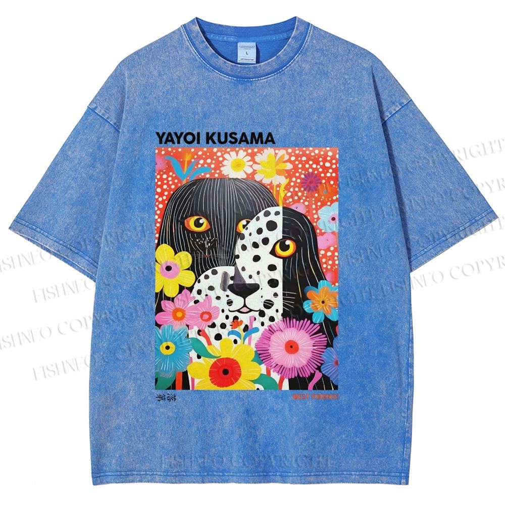 Unisex Yayoi Kusama Polka Dot Dog Printed Washed Tee