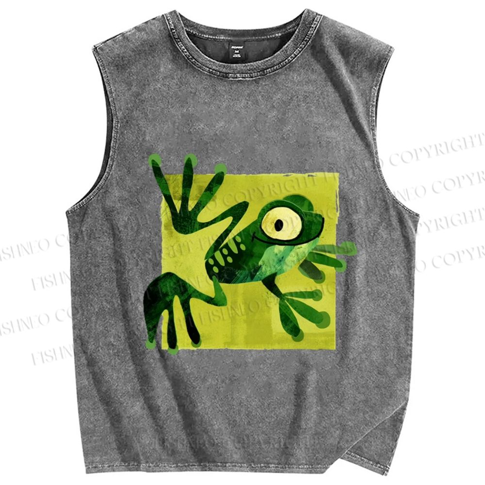Unisex Silly Frog Printed Washed Tank Top