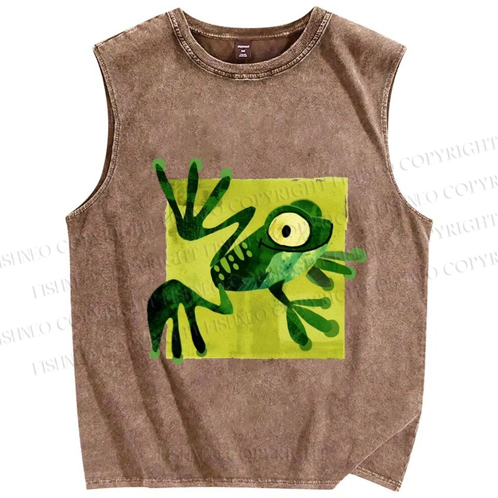 Unisex Silly Frog Printed Washed Tank Top